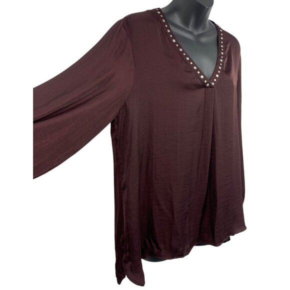 Vince Camuto Stud V-Neck Tunic Blouse Large Burgundy Beaded Long Sleeve NWT New - Picture 2 of 9